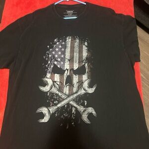 Men's Black Graphic Tee with Skull and Wrench Design
